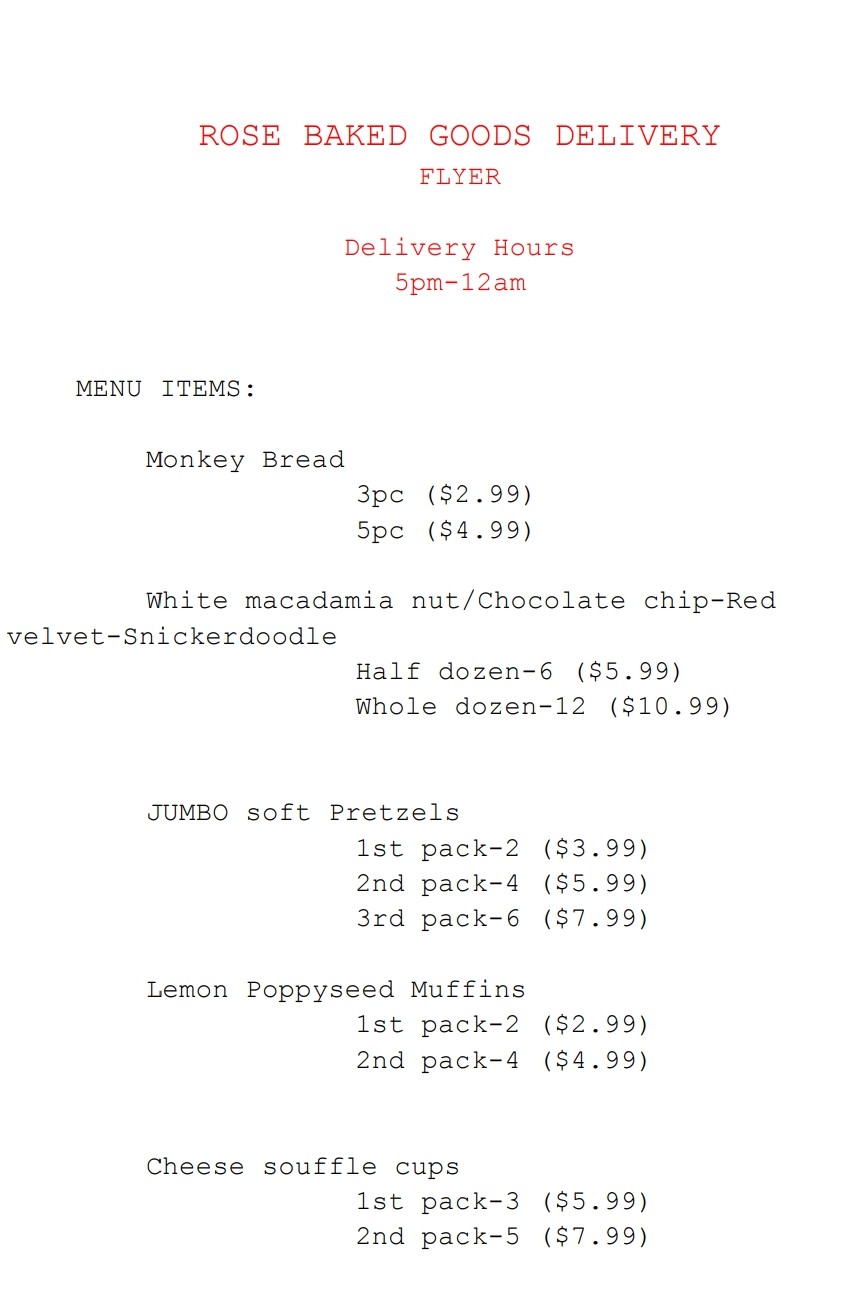 Page one of the original Rose Baked Goods Delivery flyer menu, listing Monkey Bread, cookies, pretzels, lemon poppyseed muffins, and cheese soufflé cups