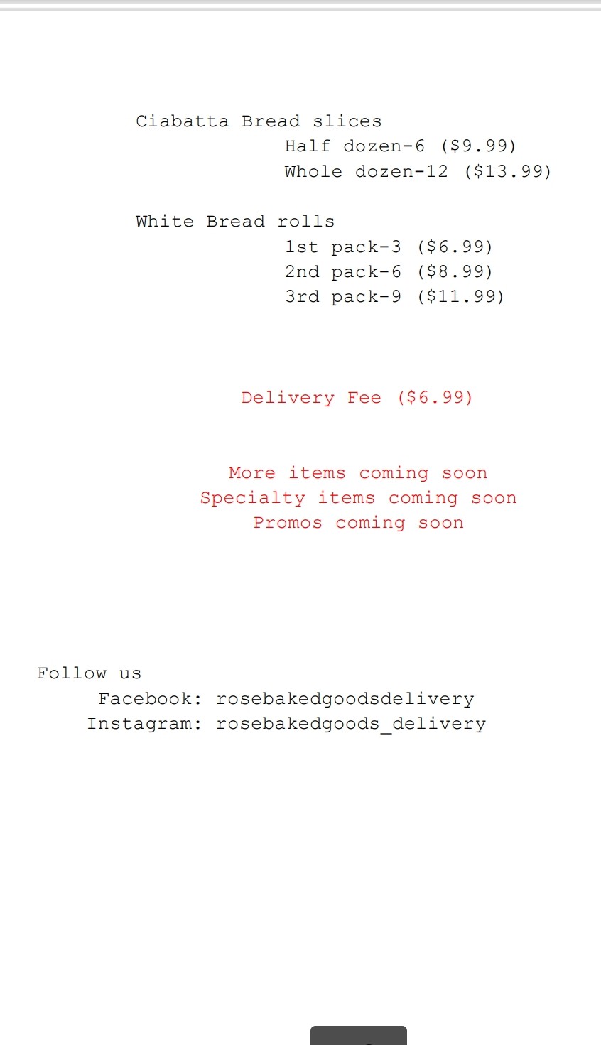 Page two of the original Rose Baked Goods Delivery flyer menu, listing ciabatta bread slices, white bread rolls, delivery fee, and social channels